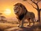 A painting of a charming lion, standing at a sunset of a whimsical savanna, with the tree, natural beauty art, animal