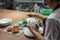 Painting chicken patternon on white ceramic bowl ,