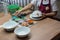 Painting chicken patternon on white ceramic bowl ,Lampang  in Thailand