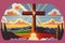 Painting of a christian cross in the clouds. Silhouettes of crucifix symbol on top mountain with sunbeam, generative ai