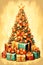 A painting of a christmas tree with presents around it. Generative AI image.