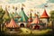 A Painting of a Circus Tent Under a Colorful Big Top in a Vibrant Circus Scene, A vintage circus populated with colorful tents and