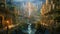 Painting of a City With a Waterfall, Urban Landscape Artwork of Cascading Water, An enchanting kingdom in a magical realm, AI