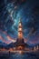 Painting of Clock Tower Against Sky Background. Generative AI.