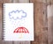 Painting of cloud and rain with umbrella on notebook