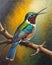 A painting of a colorful bird sitting on a branch, painting of a hummingbird, colorful bird with a long.