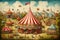 Painting of a Colorful Circus Scene With Circus Tent, Acrobats, and Animals, A vintage circus populated with colorful tents and