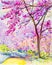 Painting colorful of Wild himalayan cherry on mountain