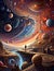 A painting of a cosmic journey through space with planets, stars, and galaxies, wallart, digital painting