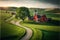 a painting of a country road leading to a red barn and a silo on a hill side with a tree