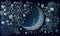 a painting of a crescent moon surrounded by flowers and stars in the night sky with stars and moon in the sky above the moon and