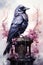 A painting of a crow sitting on top of a clock. Generative AI image. Halloween magpie, gothic style.