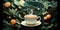 A painting of a cup of coffee with a green background and oranges in the background.