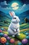 A painting of cute and fluffy rabbit in a whimsical.valley, with moonlit and colorful wildflowers, sky, clouds, cartoon, fantasy