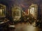 painting of a dark atmospheric room filled with a dressing table and large gilded mirrors reflecting the ornate furnishings