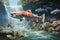 A painting depicting a lively group of fish swimming gracefully in a river., Salmon spawning in a beautiful river, AI Generated,