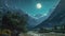 A painting depicting a mountain landscape with a river flowing through it, Moonlight illuminating a serene mountain landscape