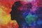 A painting depicting a persons head with a colorful background, symbolizing LGBTQ and mental health support. The