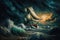 A painting depicting a sailboat in a stormy sea. AI