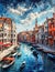 Painting depicting Venice style canal in palette knife application style