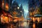 This painting depicts a group of individuals strolling along a dimly lit street in the evening, Rain pouring over a city bustling