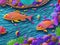 Painting depicts three vibrant and colorful fish swimming gracefully among a stunning backdrop of intricately detailed coral