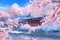 This painting depicts a traditional Japanese house surrounded by cherry blossom trees in full bloom