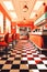 A painting of a diner with a checkered floor.