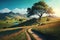 a painting of a dirt road leading to a tree on a hill