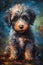 A painting of a dog portrait on a colorful background