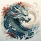 A painting of a dragon riding a wave