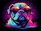 painting of english bulldog and headphone by pink and blue and orange lighting, illustration, generative ai