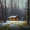 painting of a fairytale cottage in snow covered winter woodland illuminated at twilight