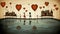 A painting of a family walking on the pier with hearts floating above. Generative AI image.