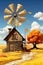 A painting of a farm house with a windmill. Generative AI image.