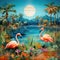 A painting of flamingos in the wild with a full moon in the background