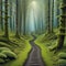 painting of forest with dirt path and trees with moss growing on them and a