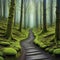 painting of forest with dirt path and trees with moss growing on them and a