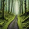painting of forest with dirt path and trees with moss growing on them and a