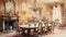 A painting of a formal dining room with a fireplace, AI