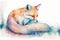 a painting of a fox sleeping on a pillow with its eyes closed and eyes closed, with a white background and a blue and orange hued