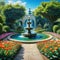 painting of garden with fountain and flowers in it and standing in the