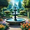 painting of garden with fountain and flowers in it and standing in the