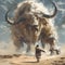 A painting of a giant buffalo demon facing off in a dangerous place