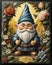 A painting of a gnome surrounded by flowers, cute funny figurine wooden.