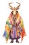 A painting of a goat dressed in colorful clothing. Generative AI image.