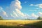 Painting of Grassy Field With Dirt Path, Nature Artwork Depicting a Scenic Landscape, Drifting clouds over a peaceful meadow,