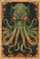 a painting of a green octopus with red eyes
