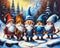 A painting of a group of gnomes in the snow with a mountain.