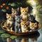 A painting of a group of kittens in a boat. Beautiful picture of kittens